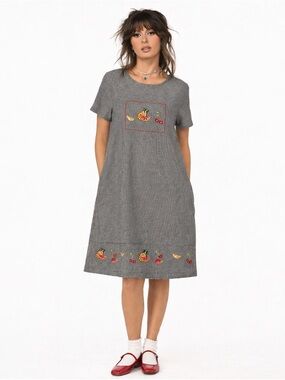 Jane Ashley Embroidered Fruit Dress Cottagecore Picnic Midi M Y2K 90s kidcore